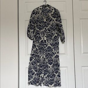 Zara Navy and White Long Sleeve Printed Midi Dress
